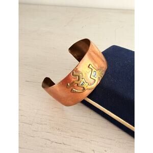 Aztec Mexico Brass Copper Inlaid Abalone Cuff Bracelet
